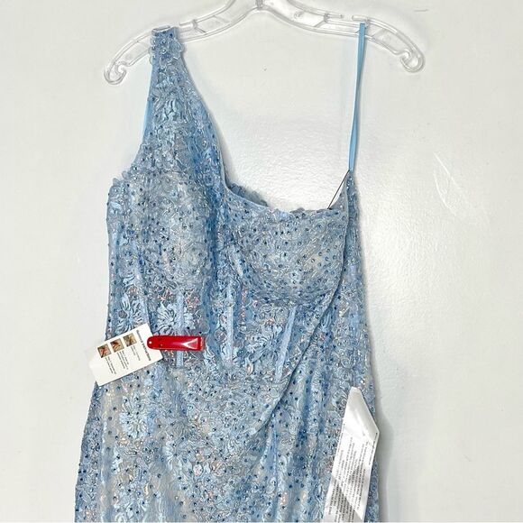 Mac Duggal 48910 One Shoulder Lace Corset Mermaid Dress, Powder Blue, Size 14 - Picture 4 of 12